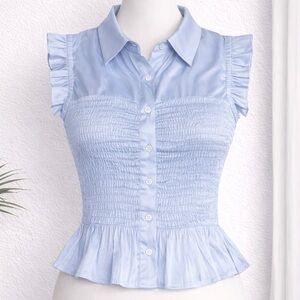 Light Blue Satin Smocked Ruffle Sleeveless Blouse Size S